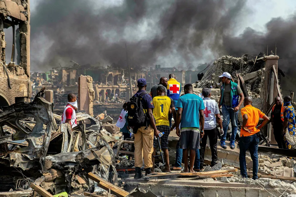 Devastation: the scene of the explosion in Lagos's commercial capital