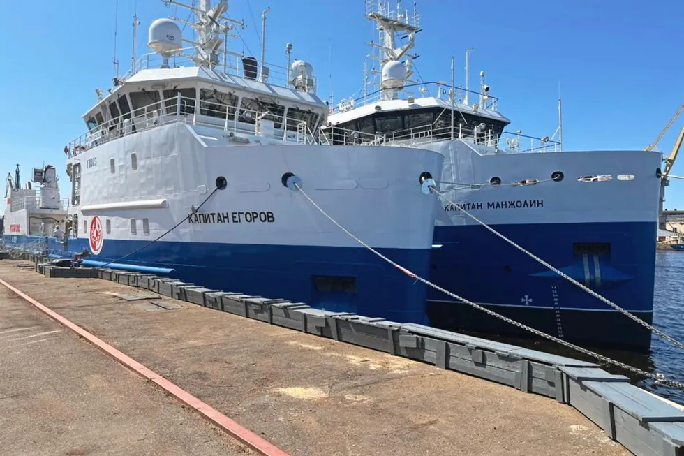 Two new vessels ordered by Russian Crab Group - Kapitan Egorov (nearer the shore) and Kapitan Manzholin - took part in a flag-raising ceremony in St. Petersburg, Russia on June 5, 2024.