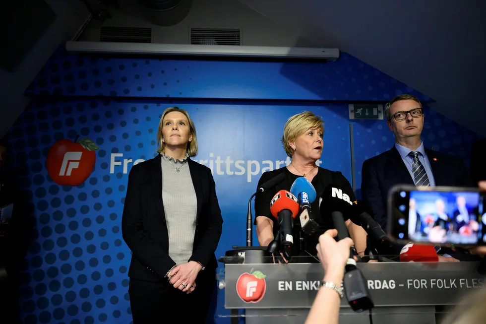Fremskrittspartiet går ut av dagens regjering varslet Siv Jensen og partiledelsen på en pressekonferanse i dag. Foto: Fartein Rudjord
