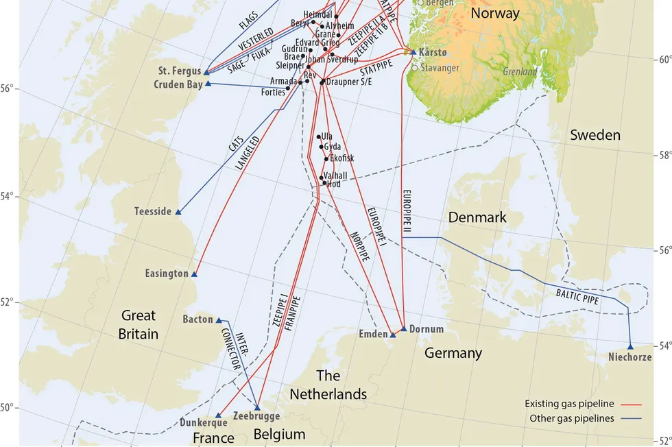 Map of Norway's offshore gas pipelines to Europe.