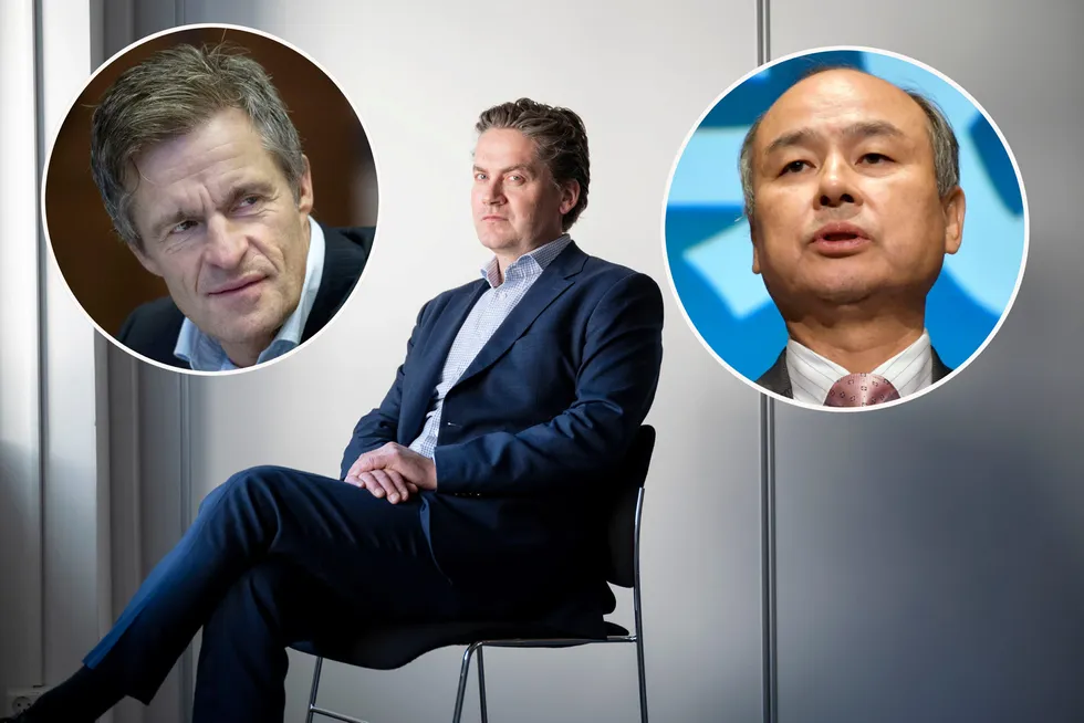 Jan Haudemann-Andersen (innfelt, venstre), Eilert Hanoa (i midten) og Softbank, avbildet ved toppsjef Masayoshi Son er Kahoots tre største eiere.