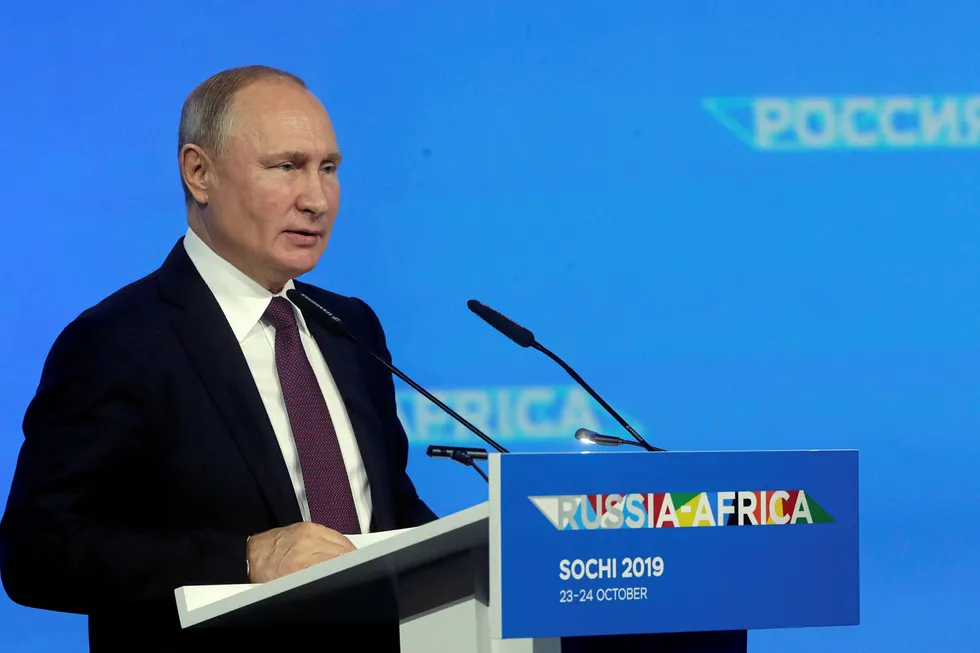 Tough task: Russian President Vladimir Putin delivers a speech at the Russia–Africa Summit in Sochi, Russia