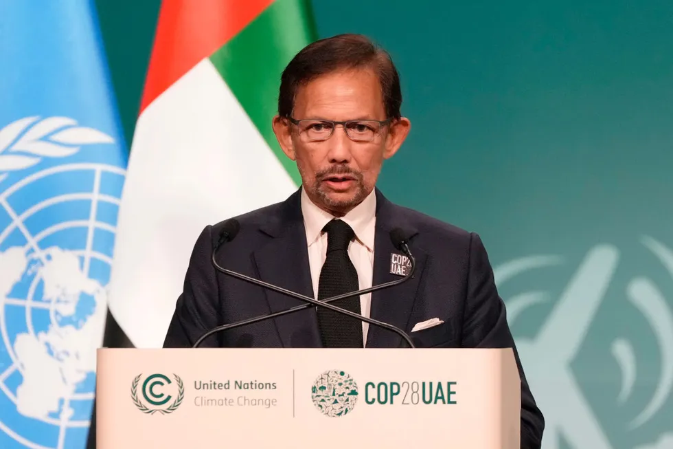 Brunei’s Sultan Hassanal Bolkiah speaks at the COP28 Climate Summit last December.