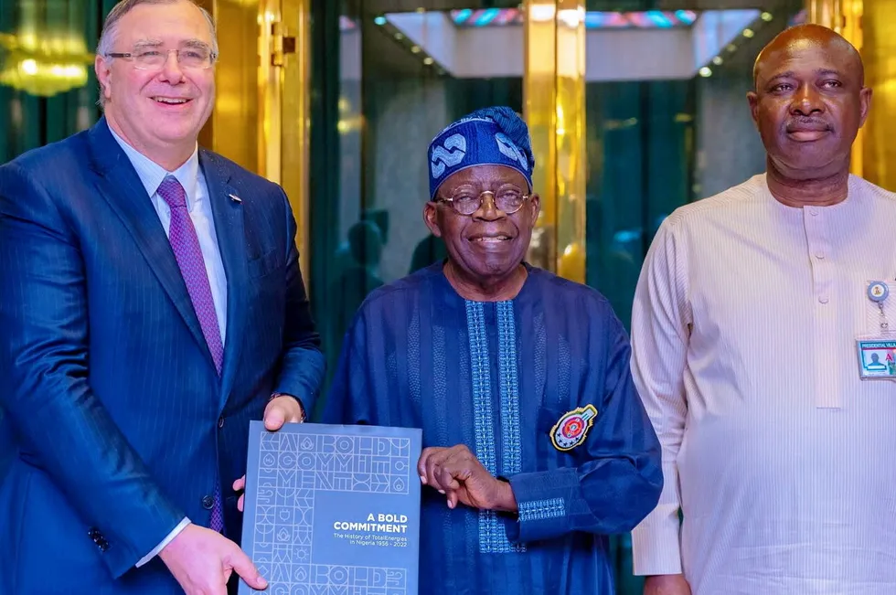 Investment awaited : TotalEnergies chief executive Patrick Pouyanne (left) meets Nigeria President Bola Tinubu (centre) in Abuja on 18 December.