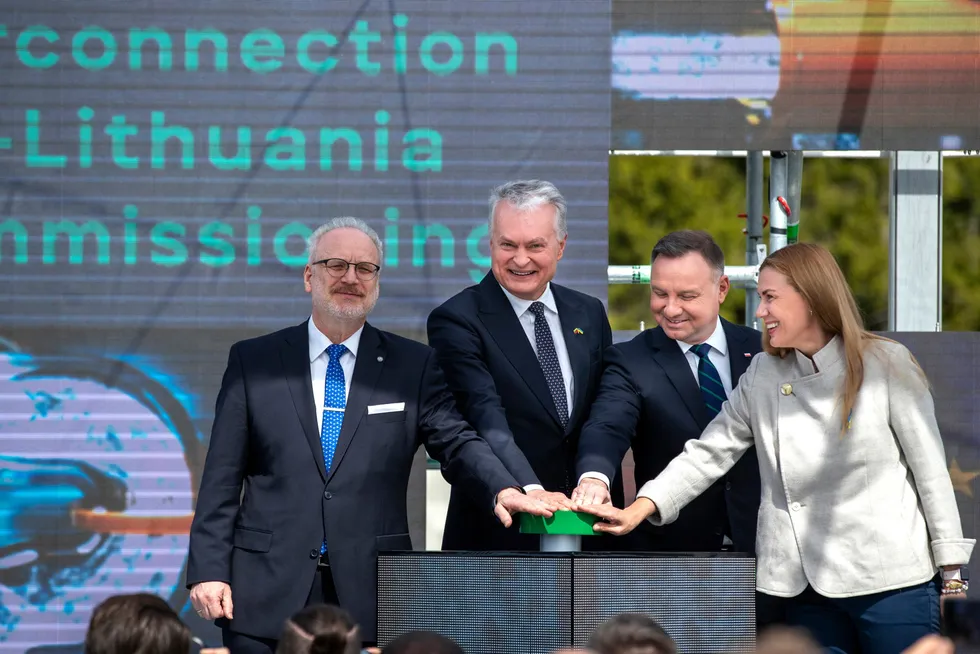 Independence: (from left) Latvian President Egils Levits, Lithuanian President Gitanas Nauseda, Polish President Andrzej Duda, and European Commissioner for Energy Kadri Simson pose during the official inauguration of the Gas Interconnection Poland-Lithuania in Jauniunai