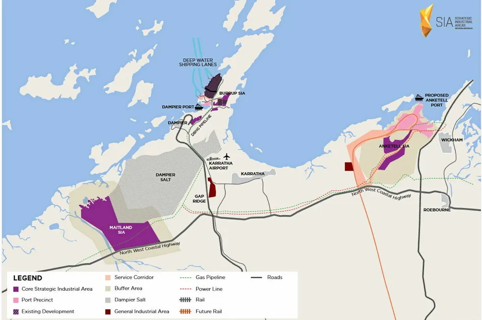 A map of the strategic industrial areas within the Pilbara Hydrogen Hub area of Western Australia.