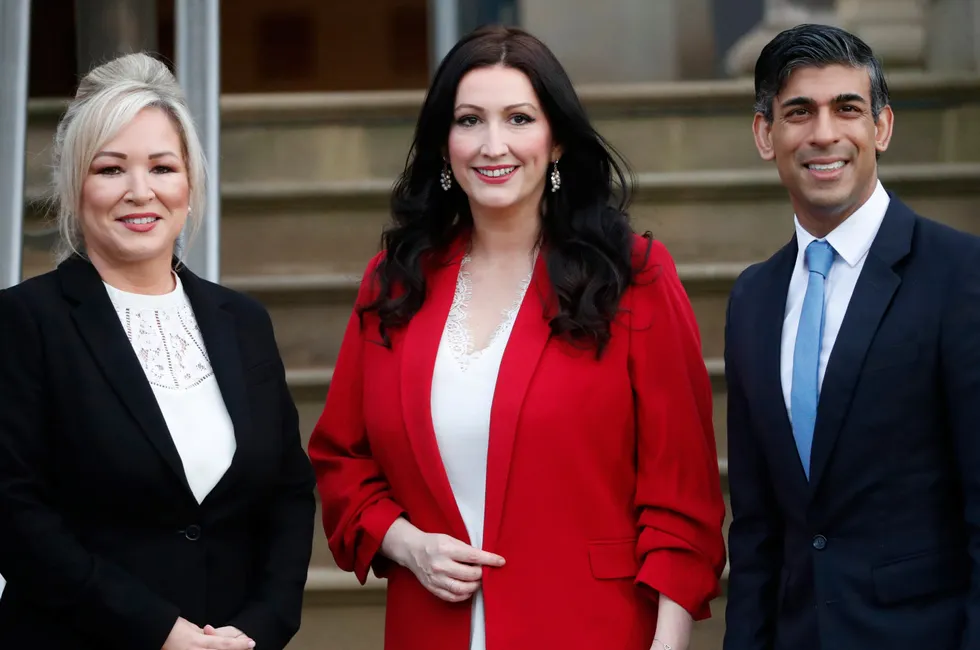 Economic importance: Northern Ireland's First Minister Michelle O'Neill (left) and Deputy First Minister Emma Little-Pengelly (middle) with Britain's Prime Minister Rishi Sunak in Belfast