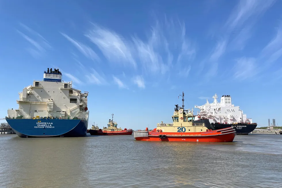 Best bet: an LNG tanker is guided by tug boats at the Cheniere Sabine Pass LNG export unit in Louisiana, US this month
