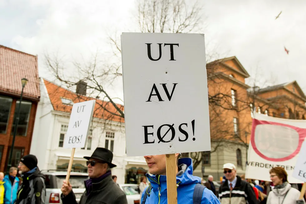 Mange nordmenn er skeptiske til EØS-avtalen, som disse i 1.mai-toget i Trondheim i 2015. Foto: Ned Alley / NTB scanpix