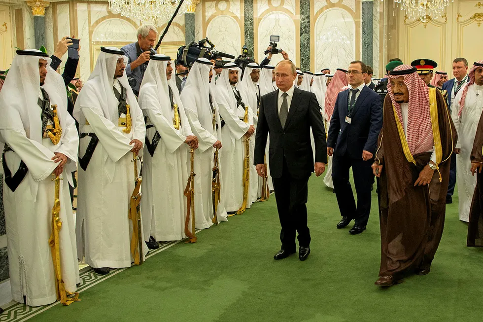 State visit: Russian President Vladimir Putin with Saudi Arabia's King Salman during a welcome ceremony in Riyadh, Saudi Arabia, on 14 October