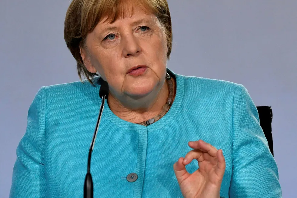 German Chancellor Angela Merkel speaks during a news conference after coalition meetings over stimulus measures to reboot post-coronavirus economy, at the Chancellery in Berlin, Germany June 3, 2020. John Macdougall/Pool via REUTERS ---