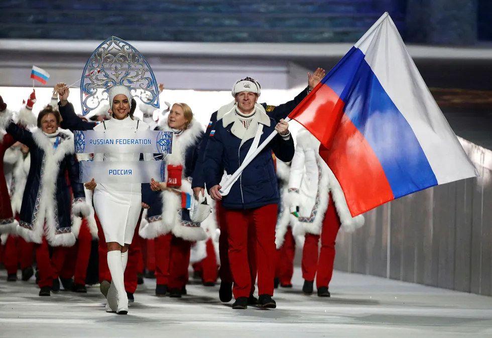 Arkivfoto: Russlands delegasjon til vinter-OL i Sotsji i 2014, da flagget ble båret av Alexander Zubkov. Foto: Mark Humphrey