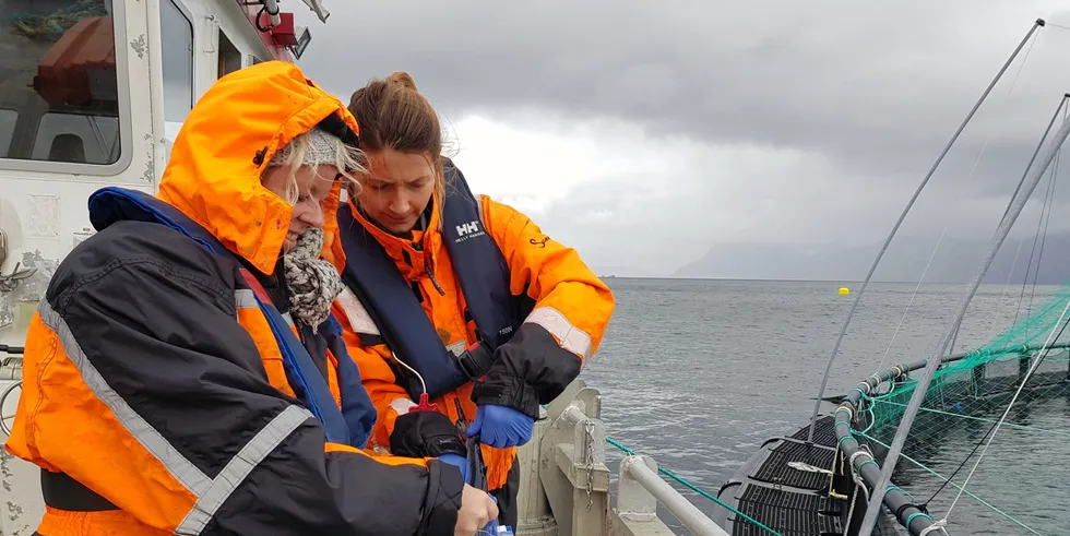 Fagsjef miljø og helse, Karoline Skaar Amthor (t.h.), i Sjømat Norge. Her ute på merdkanten sammen med Camilla Skagen Sandvik i fiskehelseselskapet Previwo.