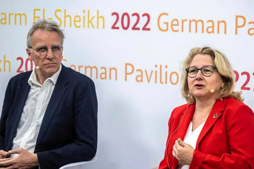 German development minister Svenja Schulze (right) and Stefan Wenzel, parliamentary state secretary at the economics and climate ministry, making the announcement at COP27 today.