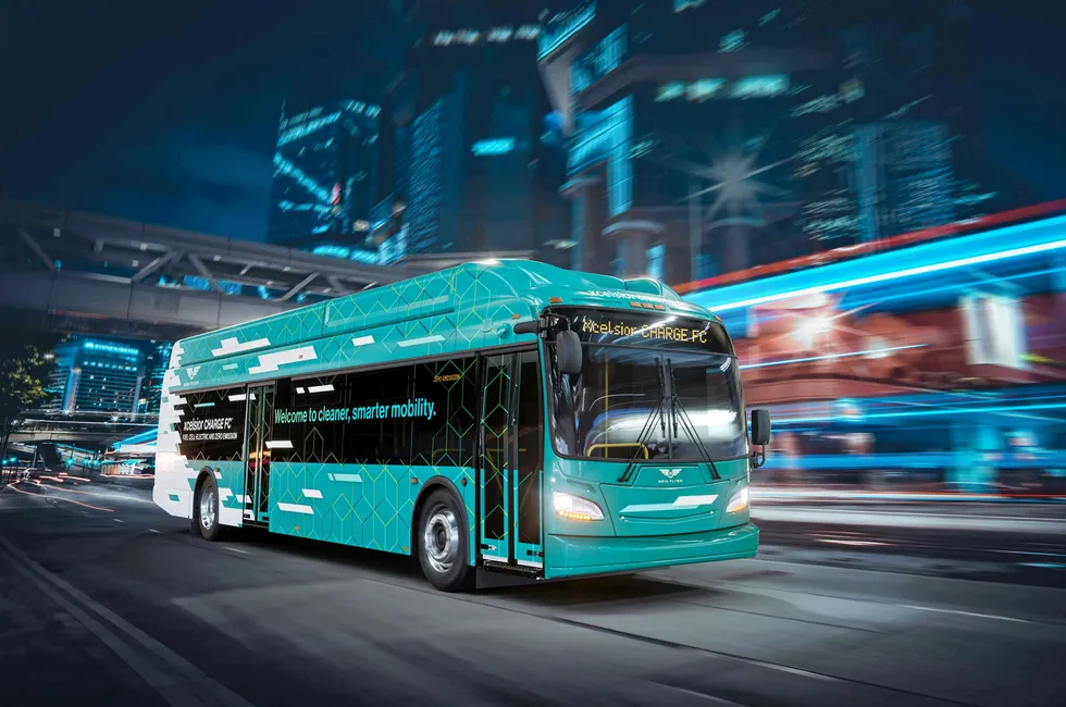 A promotional image for New Flyer's Xcelsior Charge FC hydrogen-powered buses.