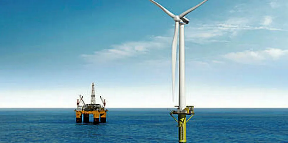 Floating wind turbine and offshore oil and gas platform