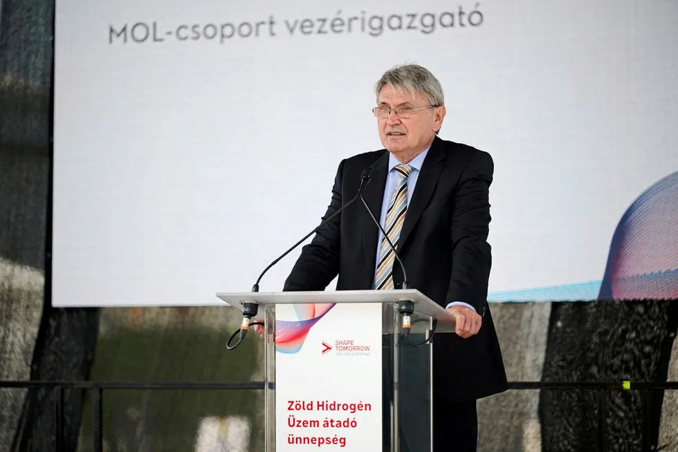 József Molnár, CEO of MOL Group, speaking at the inauguration ceremony for the electrolyser project.