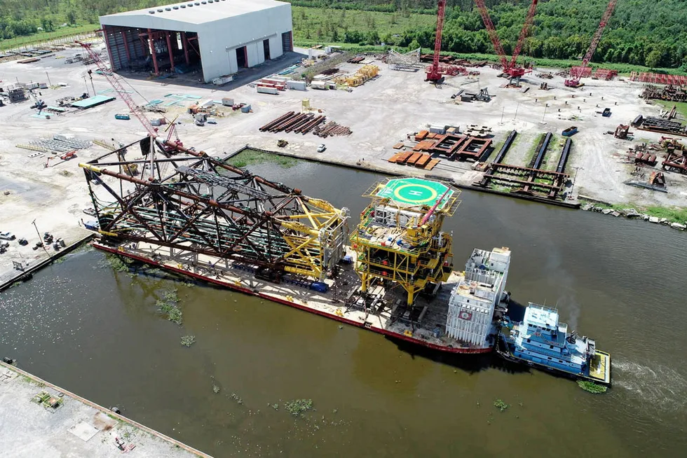 Oil and gas pedigree: an offshore platform on a transport barge at Gulf Island Fabrication