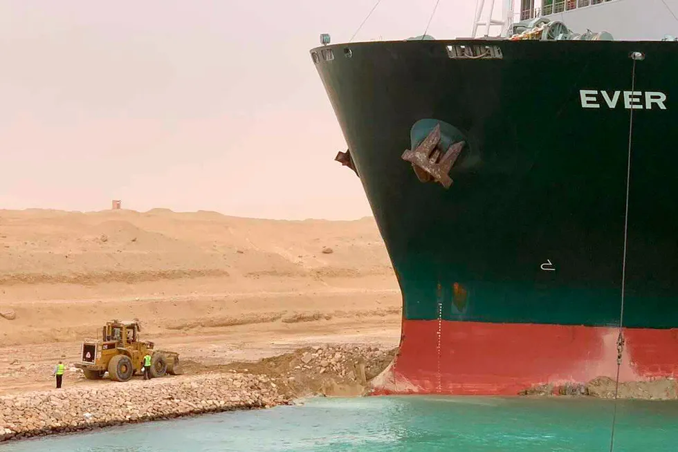 Grounded: The Ever Given cargo ship sits with its bow stuck into the wall after it became wedged across Egypt’s Suez Canal and blocked all traffic in the vital waterway.