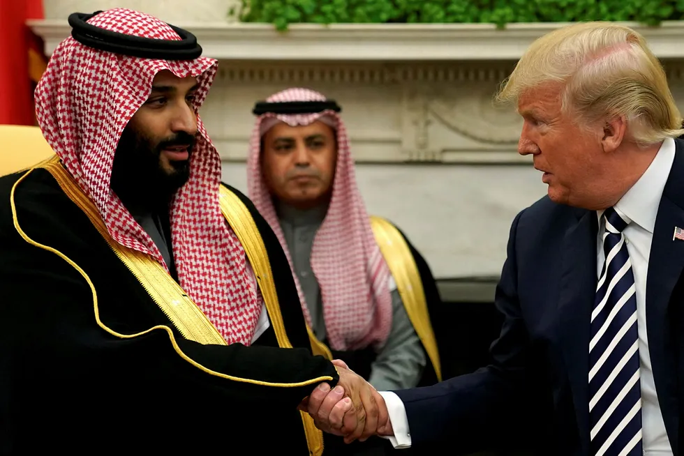 USAs president Donald Trump ser ikke ut til å innføre noen sanksjoner mot Saudi-Arabia. Her fra et møte mellom Trump og Saudi-Arabias kronprins, Mohammed bin Salman, i mars i år.