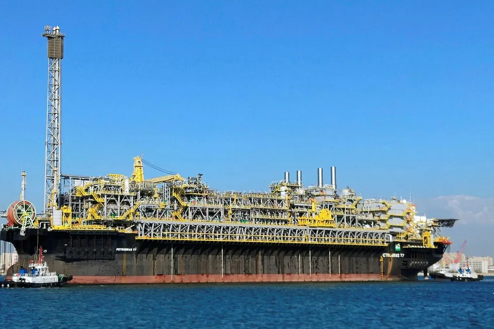 Shoulder to the wheel: the P-77 FPSO is now on its way to the Buzios field off Brazil after clearing customs two weeks ago