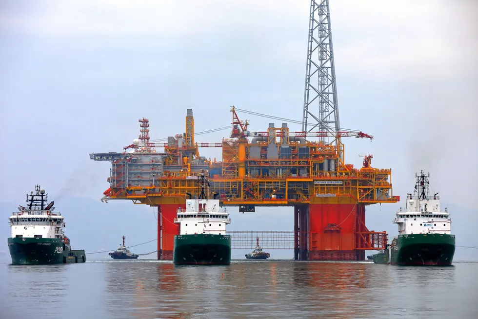 Large: the Ichthys Explorer offshore production platform en route to Australia