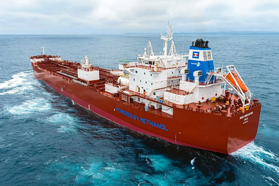 The Mari Innovator, a tanker vessel that can run on methanol or fossil fuel.