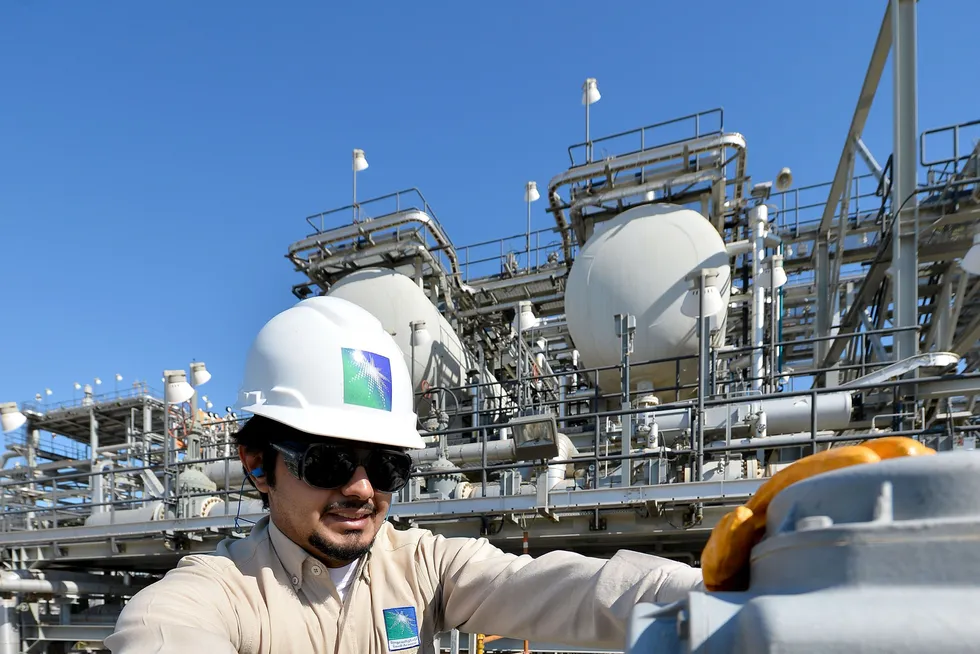 At work: an engineer at Saudi Arabian state-owned oil and gas company Aramco's Yanbu refinery