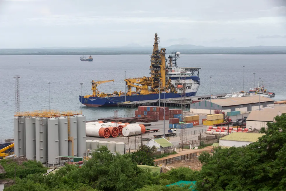 Home base: the Sapura Diamante pipelay vessel docked last year at the port of Pemba, which will also be the logistics base for Eni's upcoming Raia-1 drilling operation