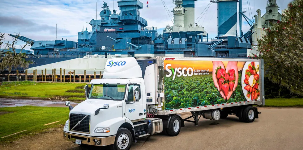 A Sysco truck waiting to offload cargo onto a US naval vessel. The foodservice giant is taking its seafood ban worldwide.