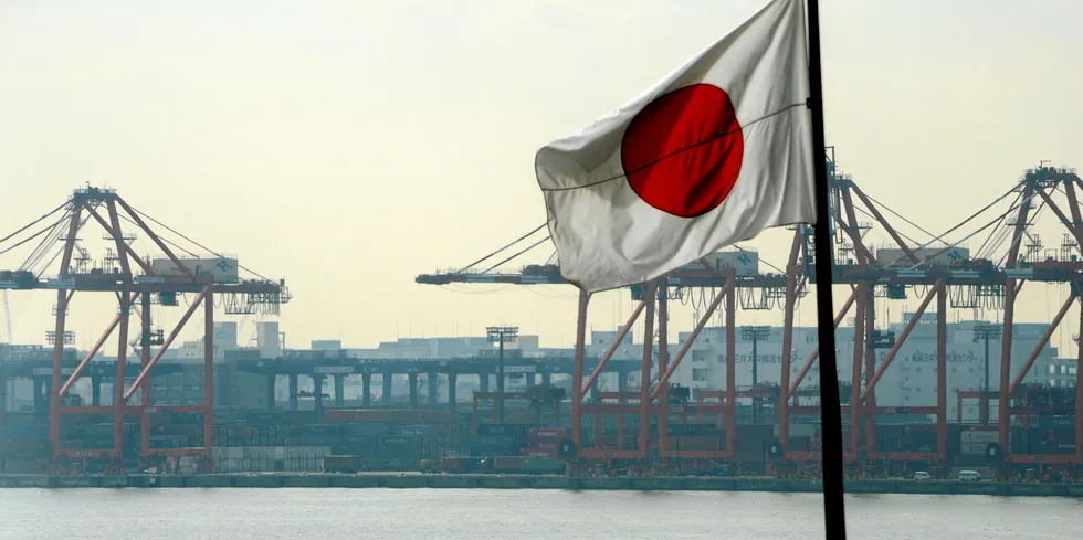 The Japanese flag flies in front of the container pier in Tokyo port