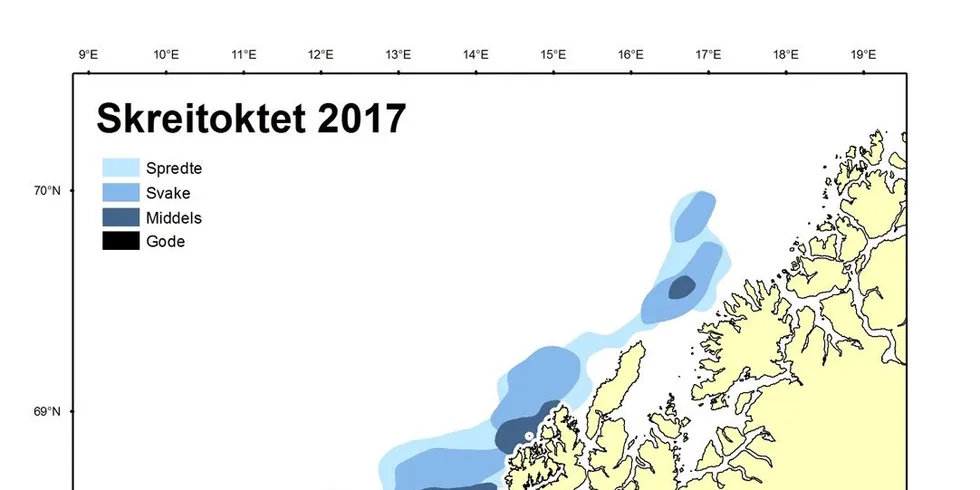 Årets skreikart viser at gytingen lengst ut mot eggakanten har blitt kraftig redusert. Kart: Havforskningsinstituttet