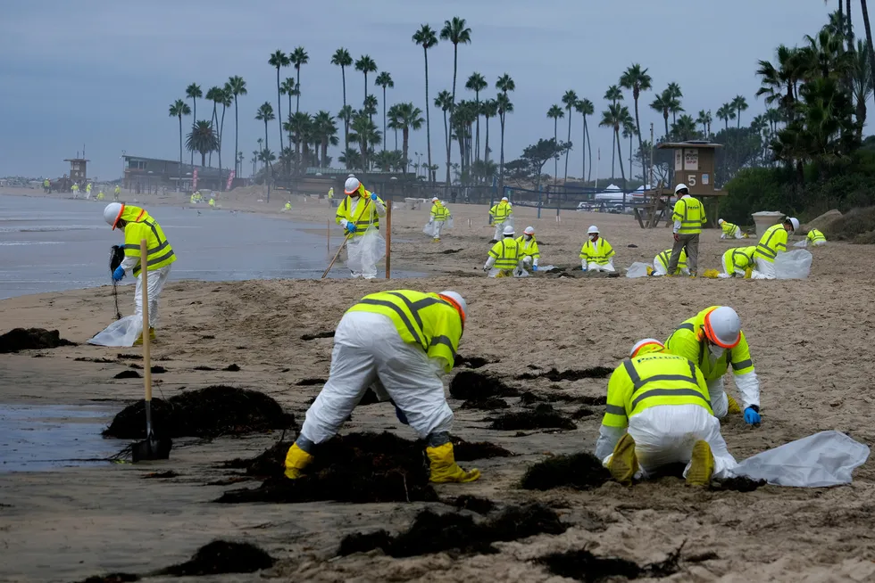 Aftermath: a clean-up operation under way following the oil spill off the California coast