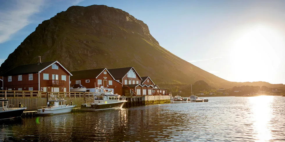 Lovundfjellet på 625 moh. rager over øysamfunnet Lovund. På bildet ses administrasjonsbygningene til Nova Sea blant annet. Nova Sea ble arvet av søstrene Aino og Maria Olaisen da faren deres, gründeren, døde. De driver firmaet videre fra Lovund, og er sentrale for sysselsettingen og bosettingen der ute.