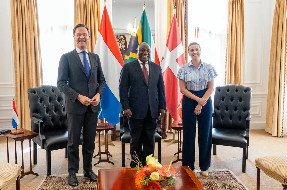 Dutch and Danish prime ministers Mark Rutte (left) and Mette Frederiksen (right) meeting with South African President Cyril Ramaphosa in Pretoria today.