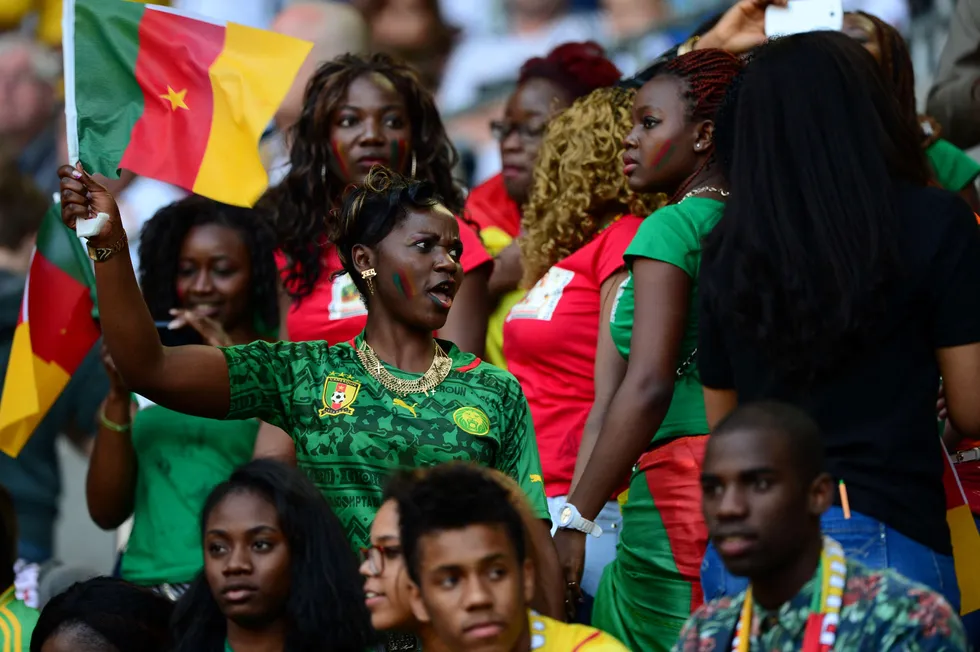 Cheer for Etinde: a Cameroon supporter waves a national flag ahead of the football match with Germany