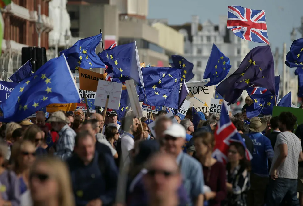 29. mars 2019 er britene formelt ute av EU, men i praksis gjelder utmeldingen fra 1. januar 2021. Her fra en demonstrasjon i fjor med EU-tilhengere fra kystbyen Brighton i England. Foto: Daniel Leal-Olivas/AFP/NTB Scanpix