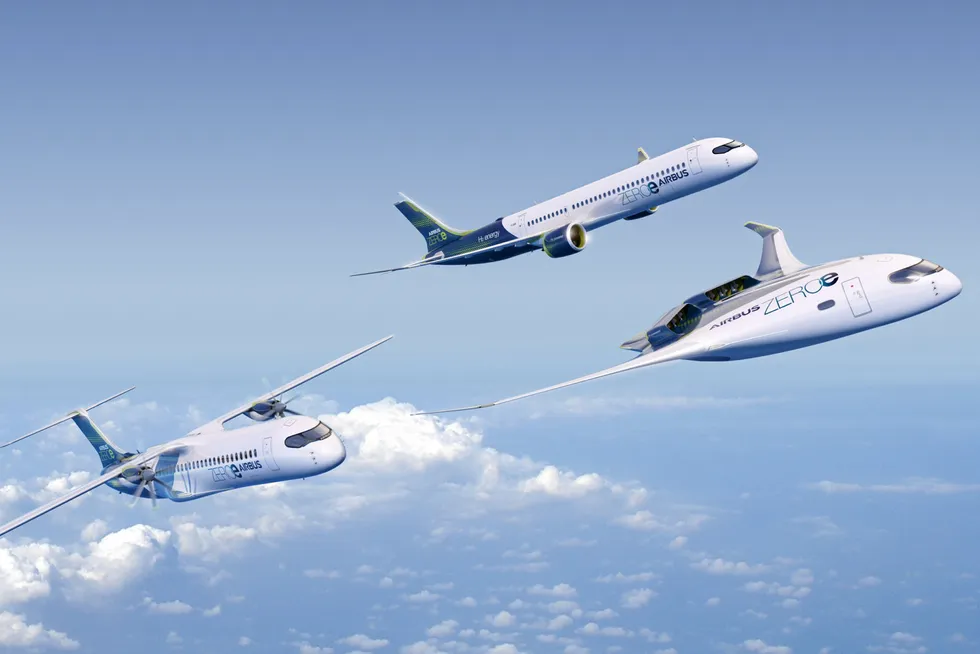 Three Airbus designs for hydrogen-powered planes.