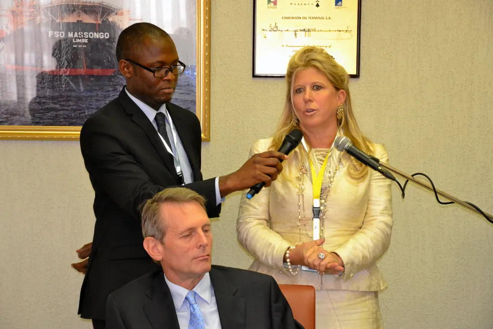 Dealmaker: Stacey Kivel (right), a partner at city law firm McCarthy Denning and BEOS convenor, at the signing of the Thali Block in Cameroon on behalf of Tower Resources.