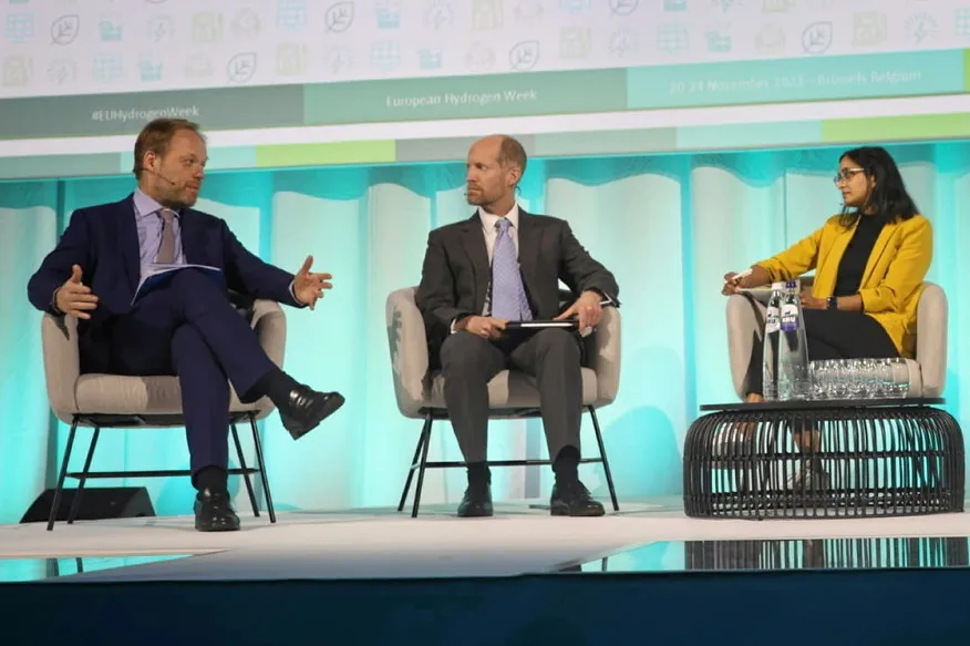DG-Clima director-general Kurt Vandenberghe, left, speaking during a panel on the European Hydrogen Bank at European Hydrogen Week in Brussels.