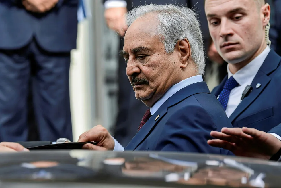 Campaign: Libyan rebel army leader Khalifa Haftar leaves after talks with the Greek foreign minister in Athens last week