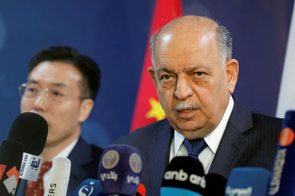 Output: Iraqi Oil Minister Thamer Ghadhban speaks to the media at the ministry's headquarters in Baghdad