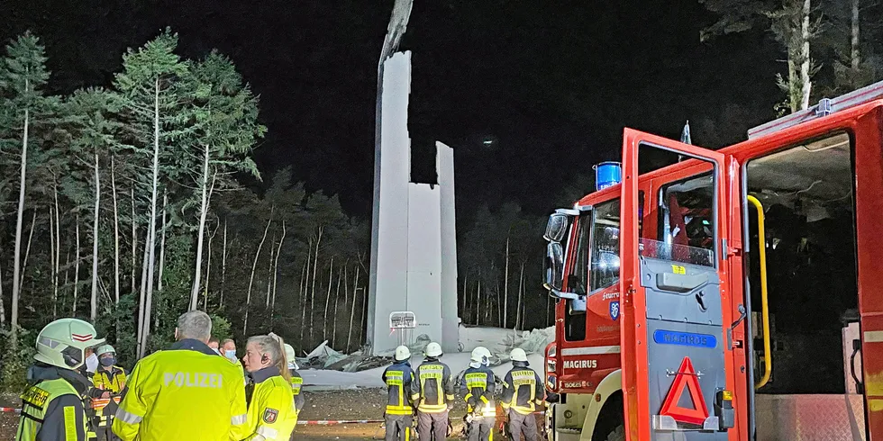 Police and rescue workers secure site of collapsed Nordex wind turbine in Germany