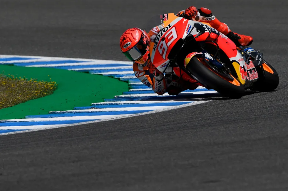 Sharp turn: Repsol Honda Team's Spanish rider Marc Marquez competes during a MotoGP practice session of the Spanish Grand Prix at the Jerez Circuit in the city of Jerez de la Frontera earlier this month
