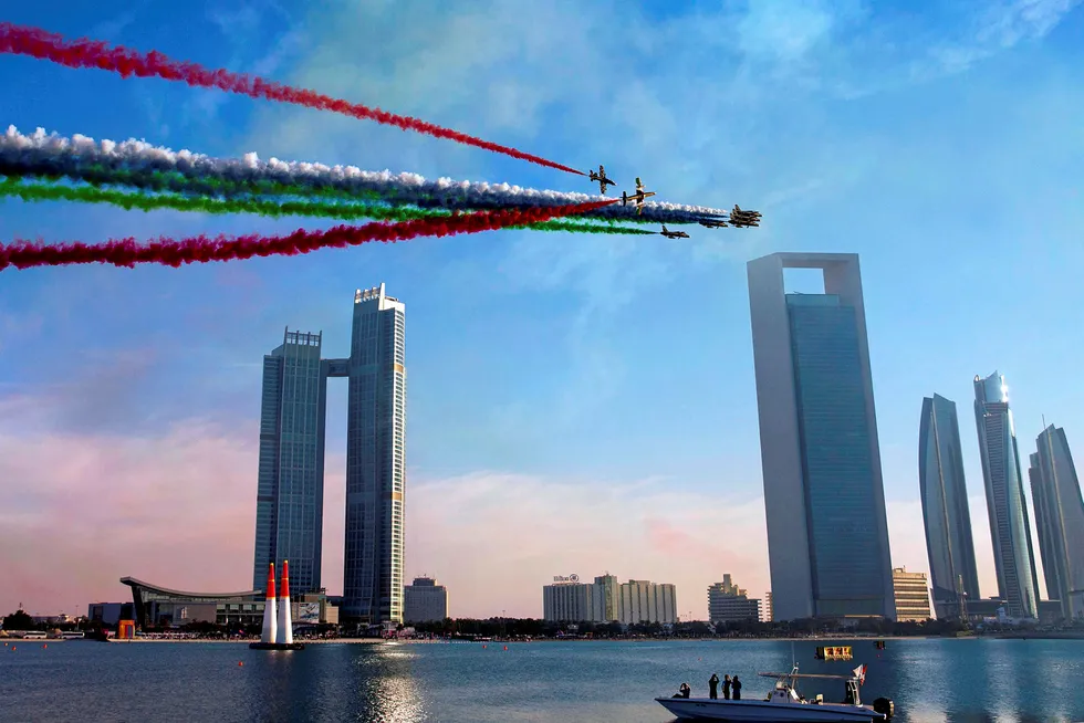 Flying high: the United Arab Emirates' Al-Fursan National Aerobatic Team performs with smoke with the colours of the UAE flag in Abu Dhabi earlier this month