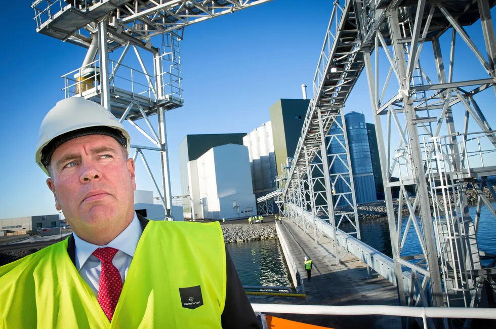 Ole-Eirik Lerøy under åpning av Marine Havest Fish Feed på Brekstad tilbake i 2014.