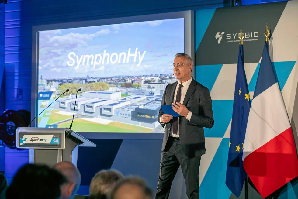 Symbio CEO Philippe Rosier speaking at the SymphonHY launch event.