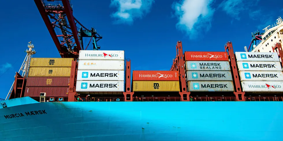 The container ship Maersk Murcia sits moored to a terminal in the port of Gothenburg.