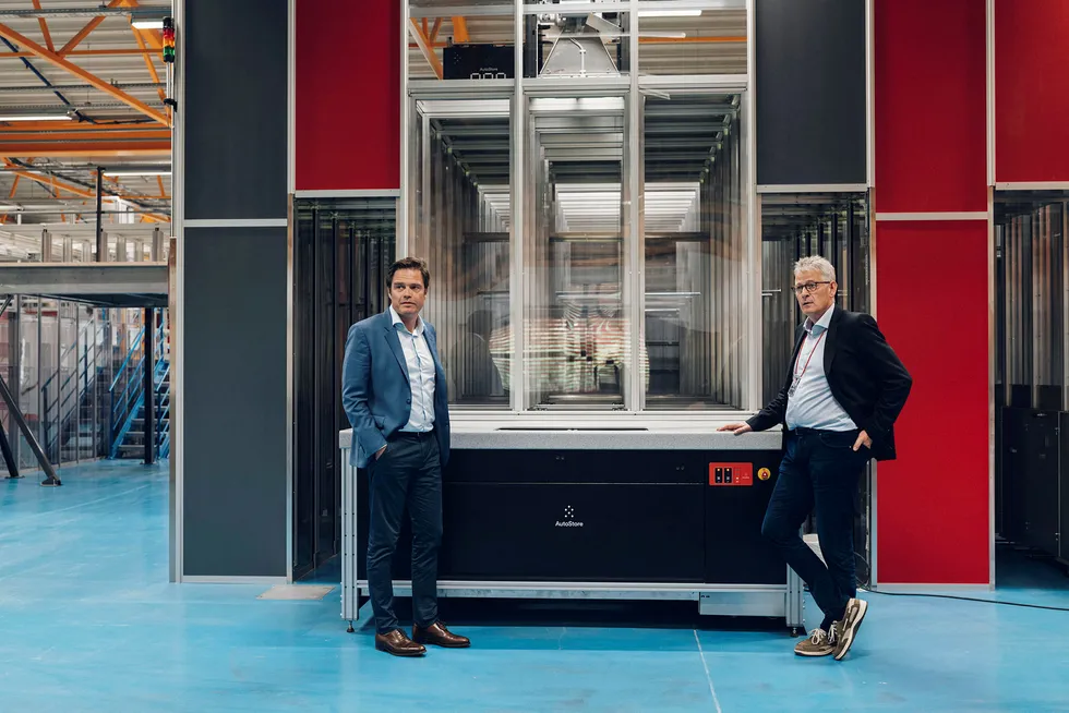 Robotselskapet Autostore fra Nedre Vats har gjort eventyrlig suksess. Her er styreleder Karl Johan Lier (til høyre) og finansdirektør Bent M Skisaker.