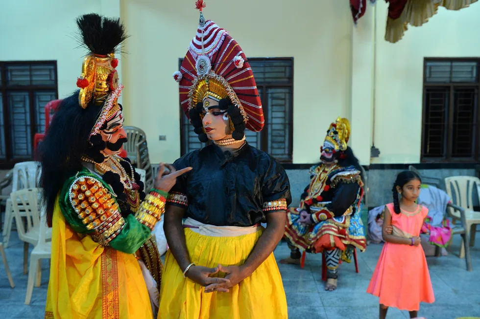 Traditional: Yakshagana is a traditional form of theatre combining dance, music, dialogue, costume, make-up and stage techniques mainly found in Karnataka